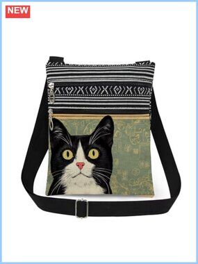 Polyester Cat Crossbody Bag Adjustable Strap Double Zipper Sling Bag
